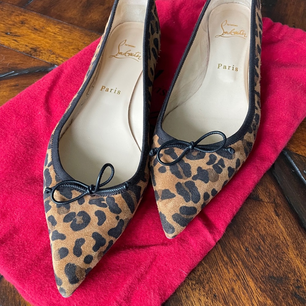 Christian Louboutin Brown Hall Leopard Caramel Black Spike Pointed Ballerina